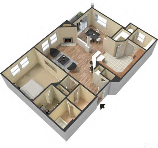 Floor plan for 1 bed, 1 bath, 831 sqft